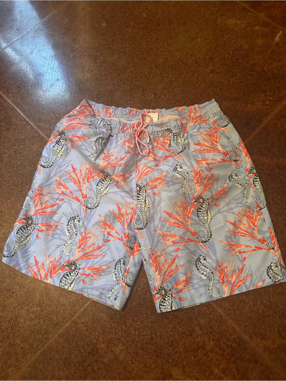 Peter Millar Swim Shorts Men’s L Blue/Orange Seahorse Beach Elastic Drawstring